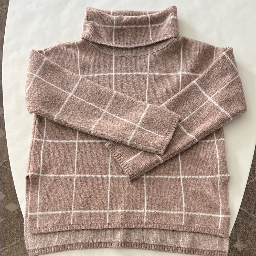 Madewell Windowpane Neutral Checkerboard Turtleneck Merino Blend Wool Sweater S - Picture 2 of 5